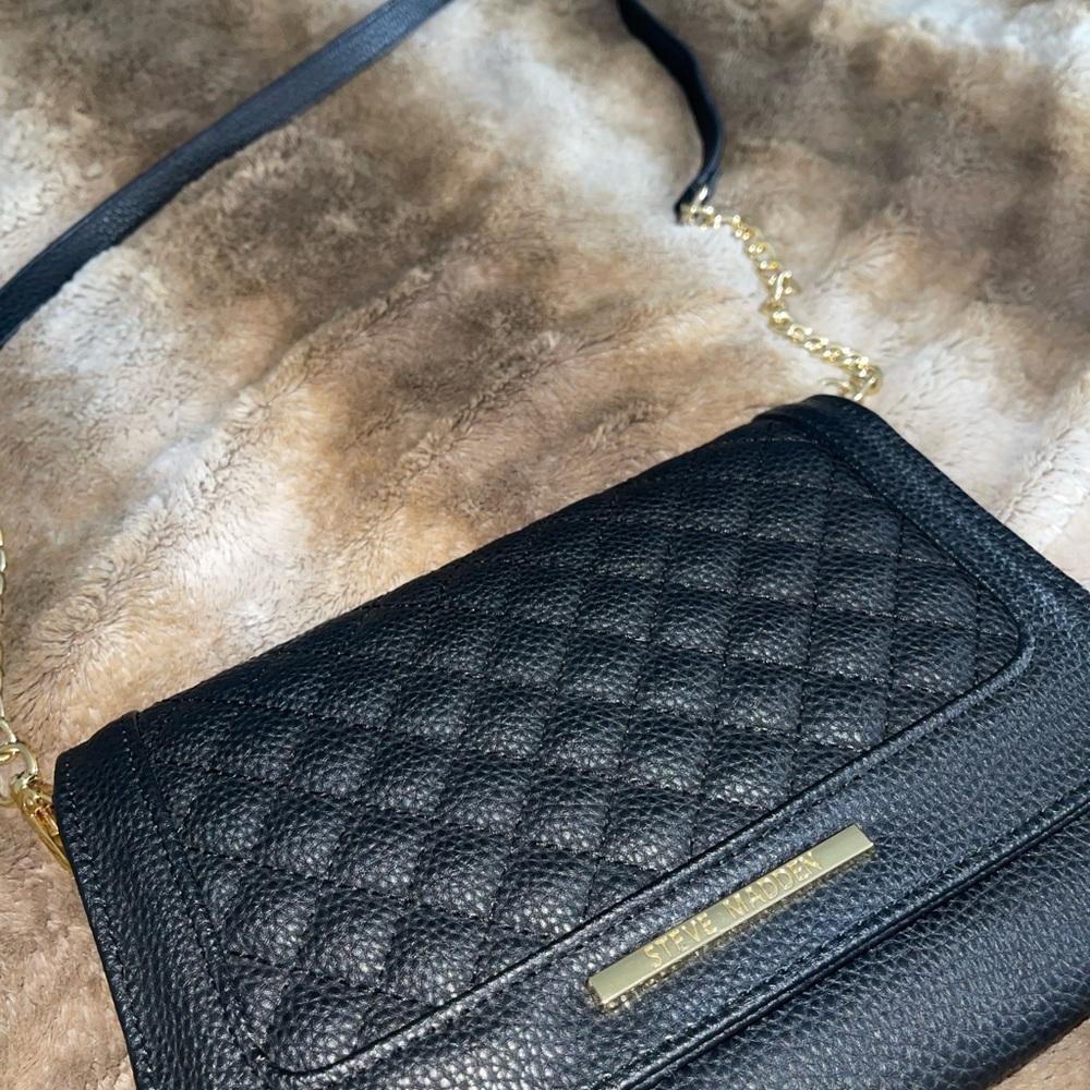 Steve Madden Black Quilted Crossbody Bag with Gold Chain